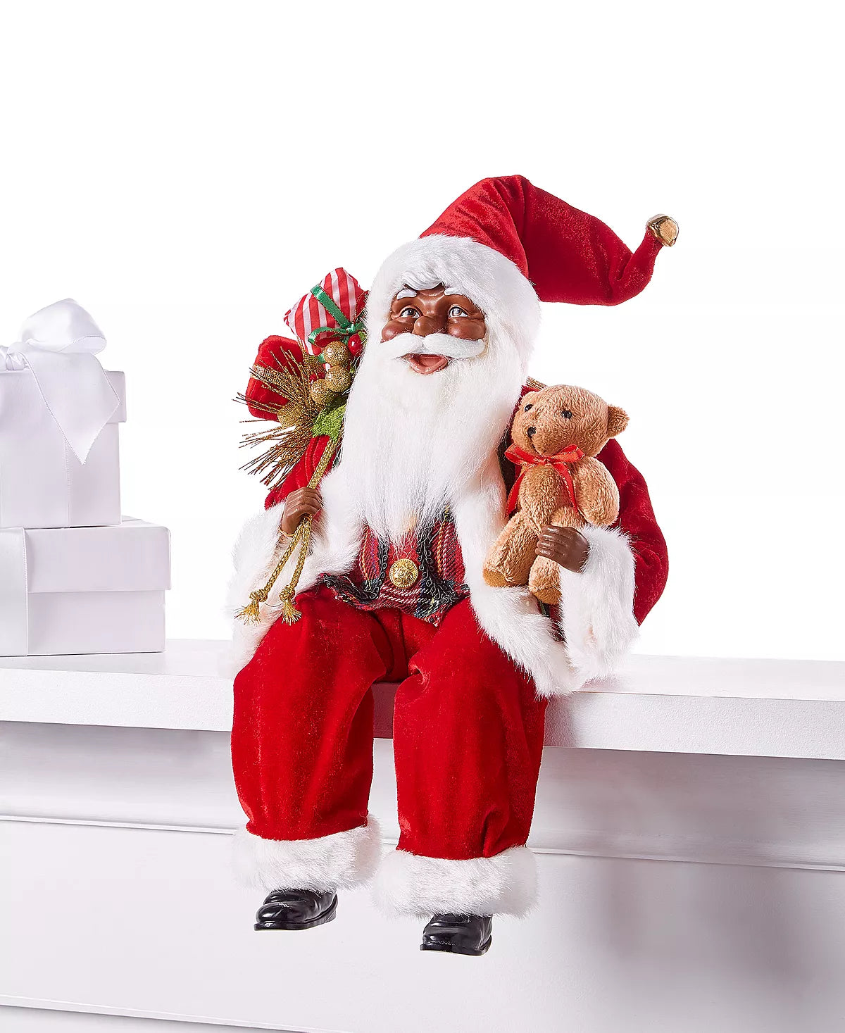 Fabric African American Sitting Santa in Red Outfit