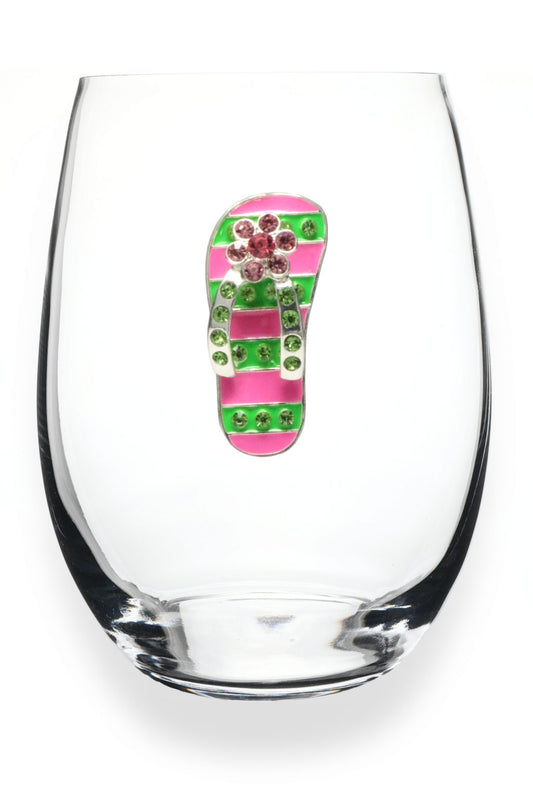 Pink & Green Striped Flip Flop Stemless Wine Glass