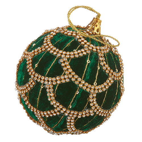 4" JEWELED GREEN VELVET BALL ORNAMENT