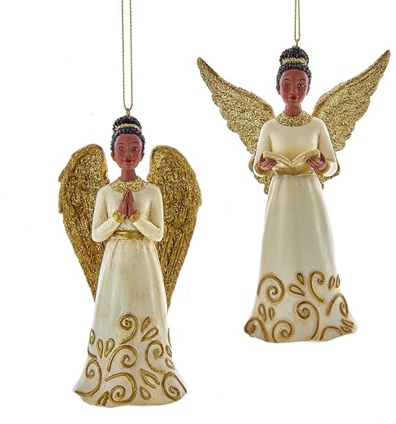 African American Ivory and Gold Angel Ornaments, 2 Assorted