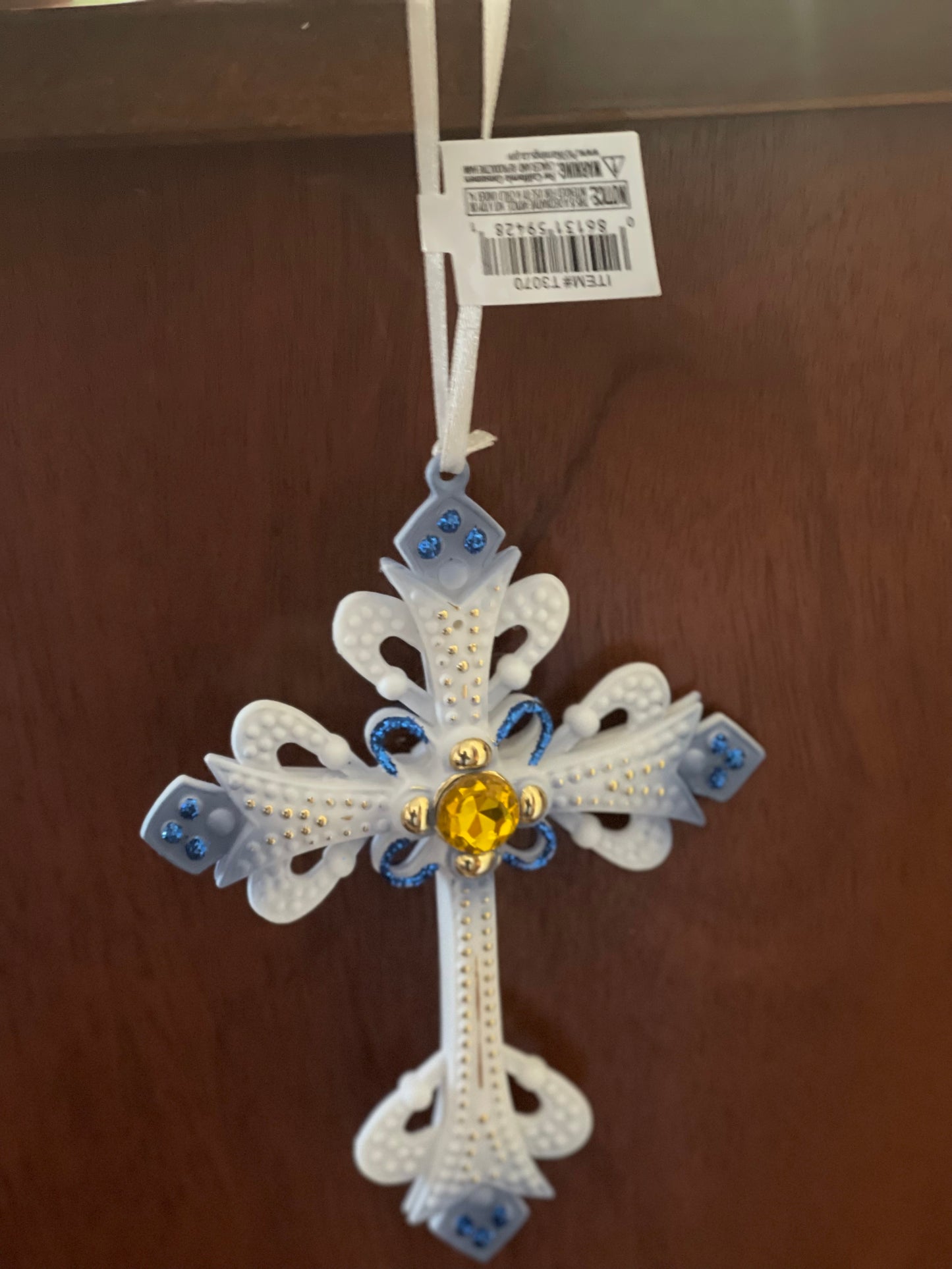 6" Plastic White/Blue Cross Ornament