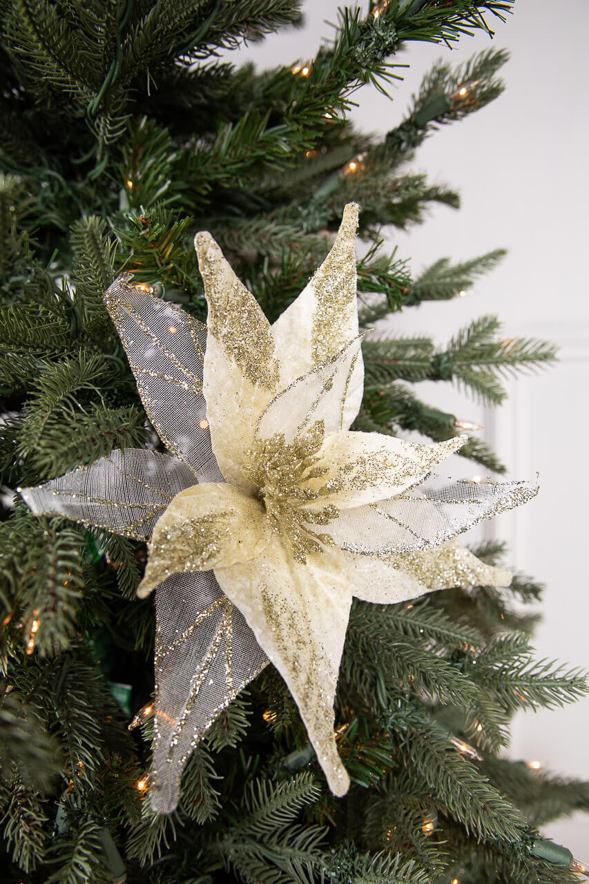 12" Velvet Glitter Poinsettia Stem - Gold