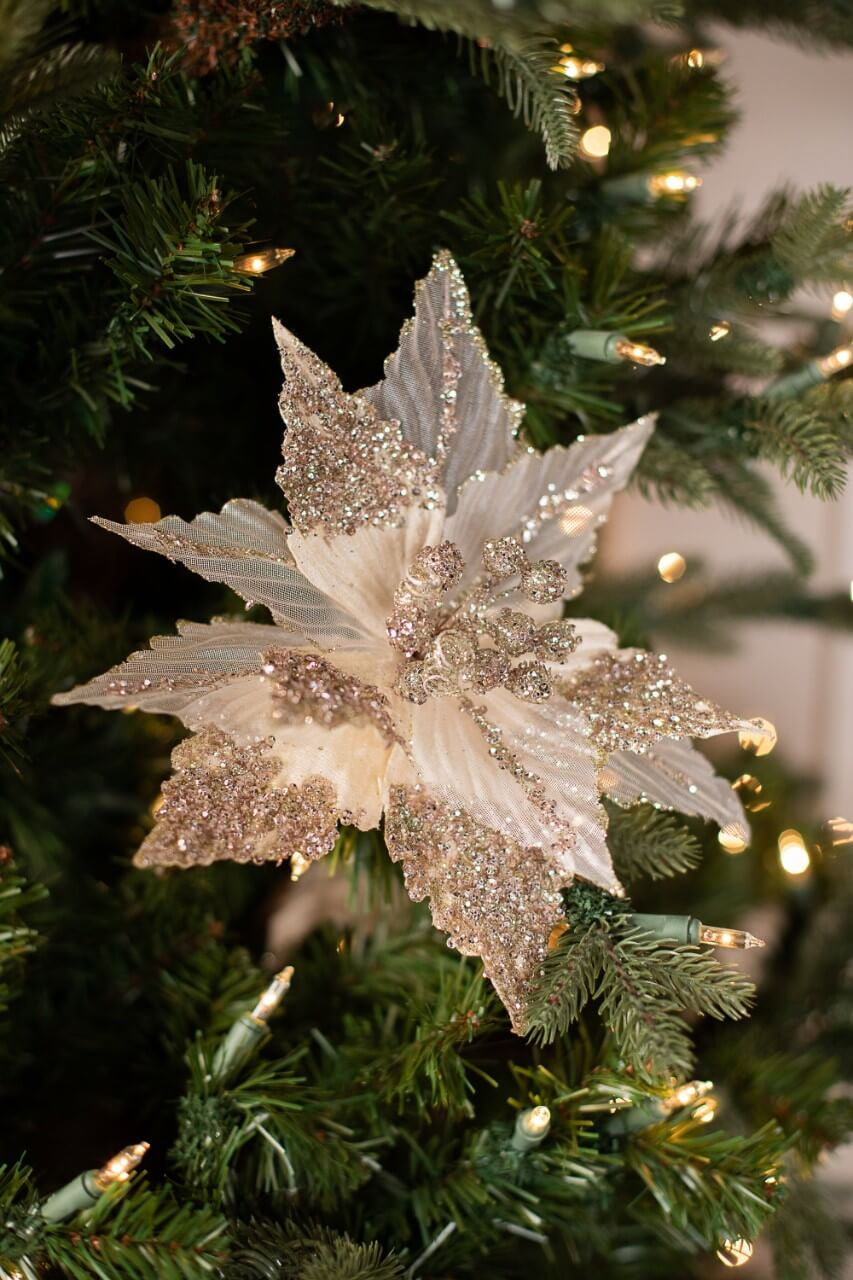 28” Champagne Glitter Velvet Sheer Poinsettia Stem