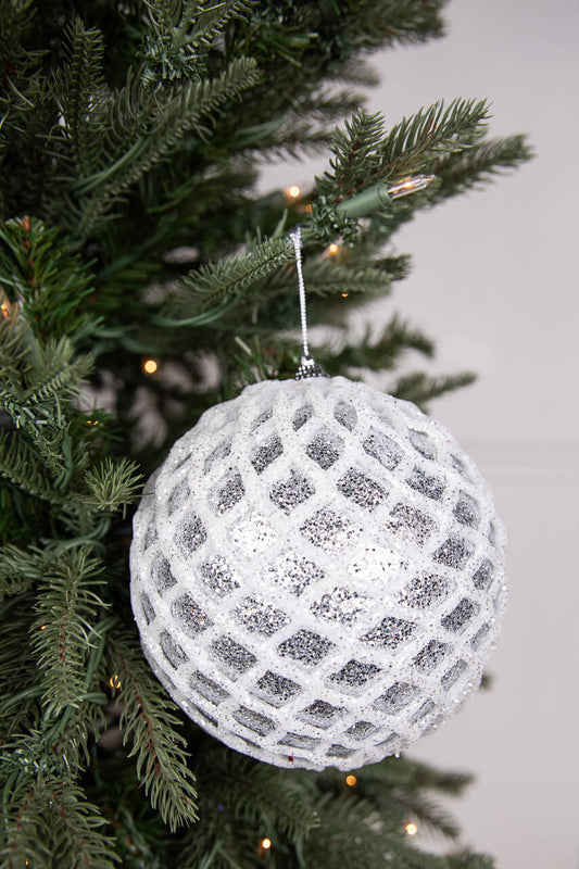 6" Glitter Two Toned Net Ball -Silver/White Ornament