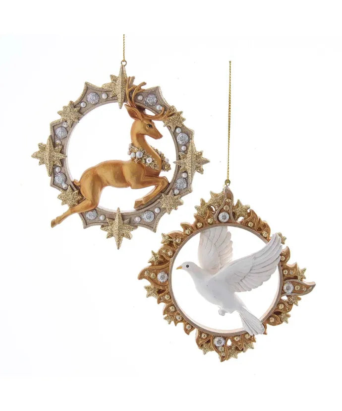 Set of 2 Metallic Gold Deer and Dove Frame Ornaments