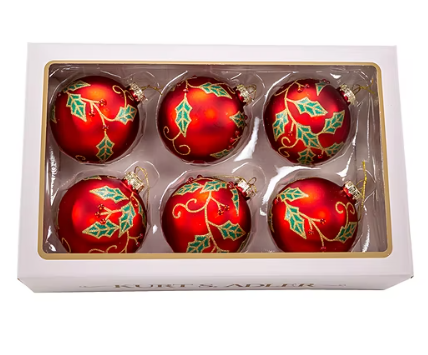 80MM Glass Red Berry and Holly Leaves 6-Piece Ball Ornament Set