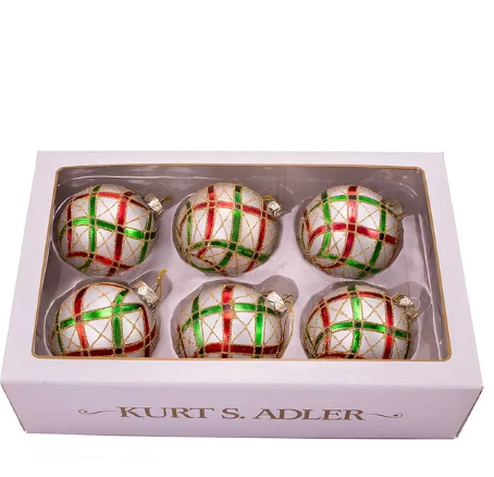 80MM Glass Plaid Ball Ornaments, 6-Piece Box