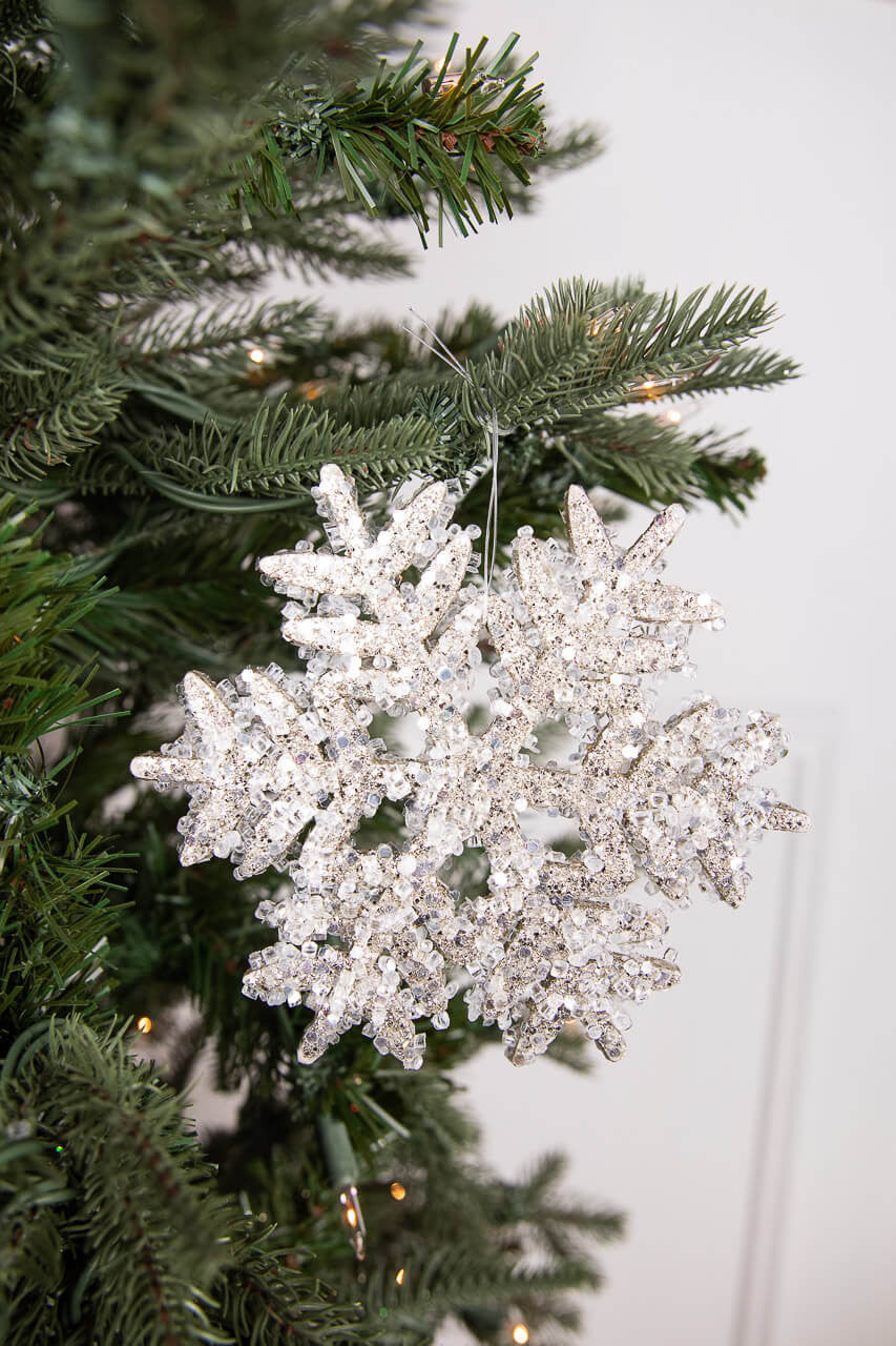 6” ICED GLITTER SNOWFLAKE CHRISTMAS ORNAMENT - SILVER