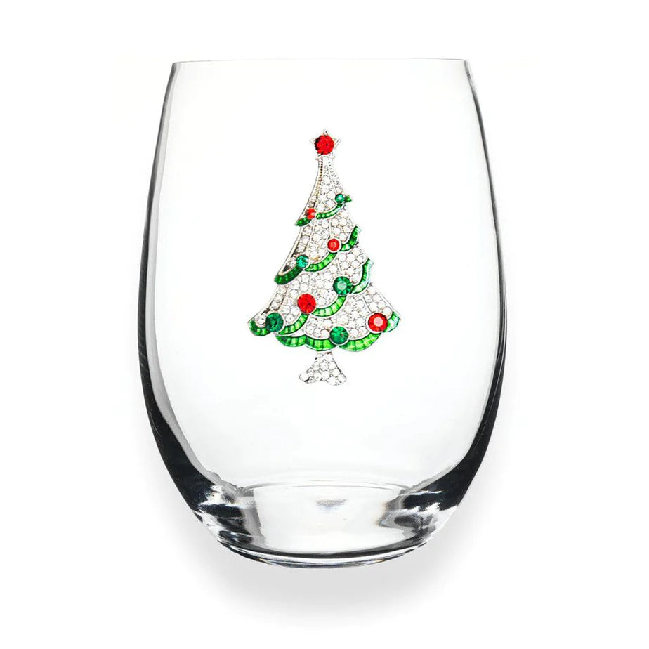 Christmas Tree Jeweled Stemless Wine Glass