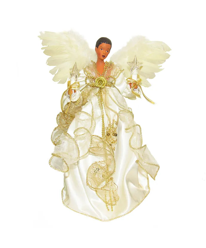 12" UL 10-Light Ivory and Gold African American Angel Tree Topper